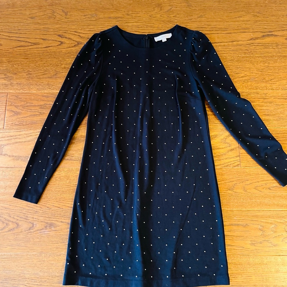 LOFT Black Long-Sleeve Dress with Metallic Dots‎